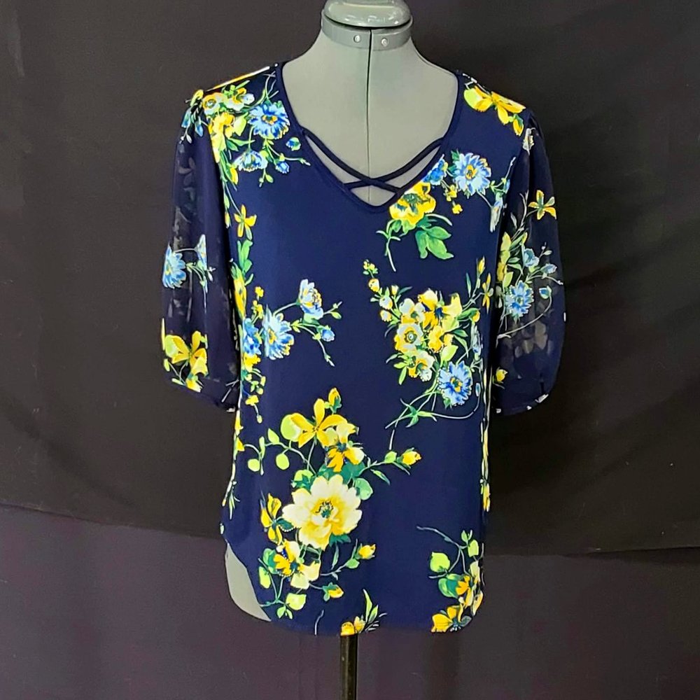 Women's Navy Blue Blouse with Yellow Floral Design (Size Medium)